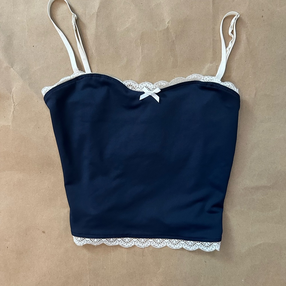Edikted Navy Cami with White Lace Trim and Straps